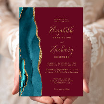 Moderne Teal Gouden Agaat Burgundy Trouwuitnodigin