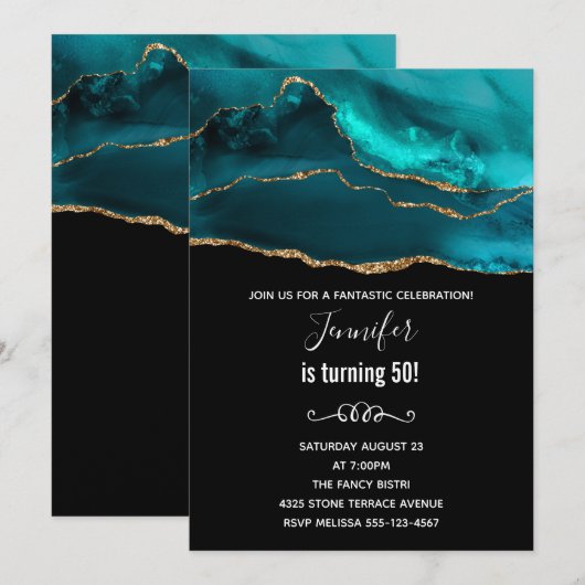 Moderne Teal & Gouden Agaat Steen Abstracte Verjaa Kaart (Voorkant / Achterkant)