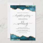 Moderne Teal Gouden Agate Script Bruiloft Kaart (Voorkant)