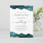 Moderne Teal Gouden Agate Script Bruiloft Kaart (Staand voorkant)