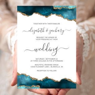 Moderne Teal Gouden Agate Script Bruiloft Kaart