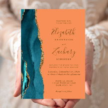 Moderne Teal Gouden Agaten Tangerine Trouwkaart
