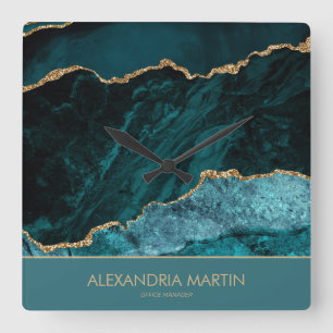 Moderne Teal Gouden Glitter Marmer Kantoor Monogra Vierkante Klok