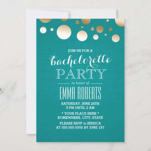 Moderne Teal & Gouden Stippen Linnen Bachelorette  Kaart (Voorkant)