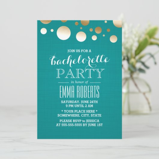 Moderne Teal & Gouden Stippen Linnen Bachelorette Kaart (Staand voorkant)