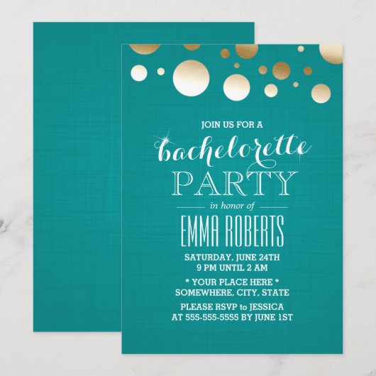 Moderne Teal & Gouden Stippen Linnen Bachelorette  Kaart (Voorkant / Achterkant)