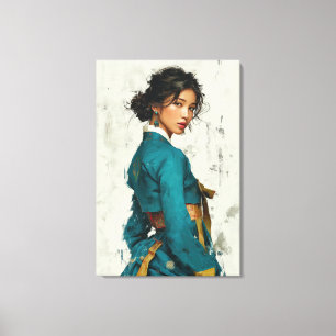 Moderne Teal Hanbok Portret Canvas Kunst