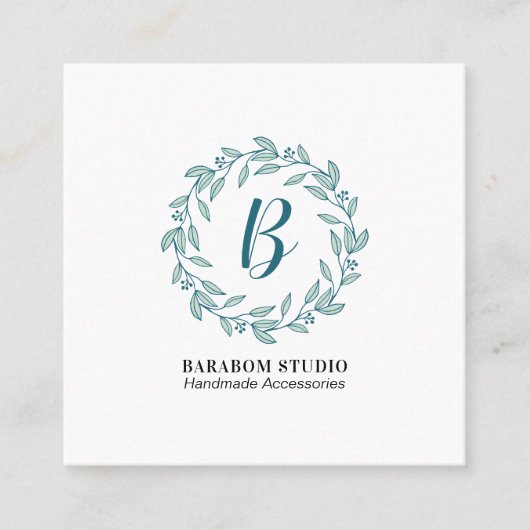 Moderne Teal Krans Monogram Professioneel Vierkante Visitekaartje (Voorkant)