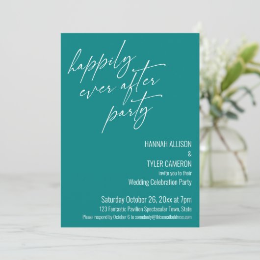 Moderne Teal Ontvangst 'Happily Ever After Party' Kaart (Staand voorkant)