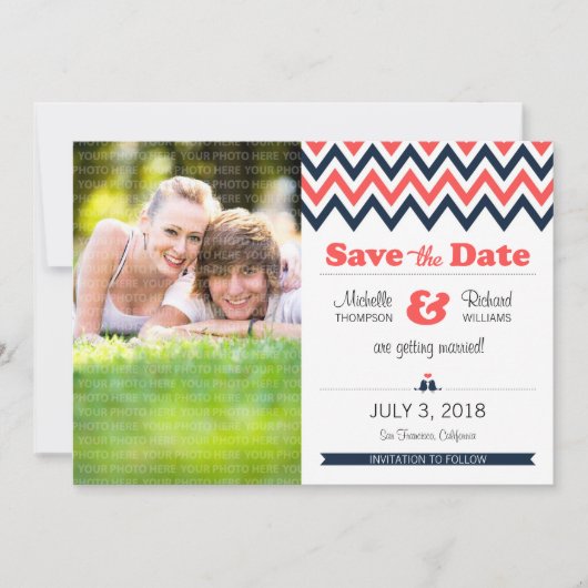 Moderne Teal & Oranje Chevron Foto Save the Date (Voorkant)