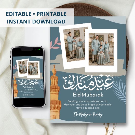 Moderne Teal Polaroid Foto Eid Mubarak Kaart
