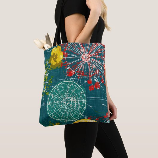 Moderne Teal & Rode Abstracte Kunst Tote Bag (Dichtbij)