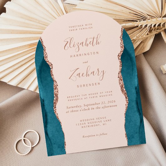 Moderne Teal Roze Goud Agate Blush Boog Bruiloft Kaart