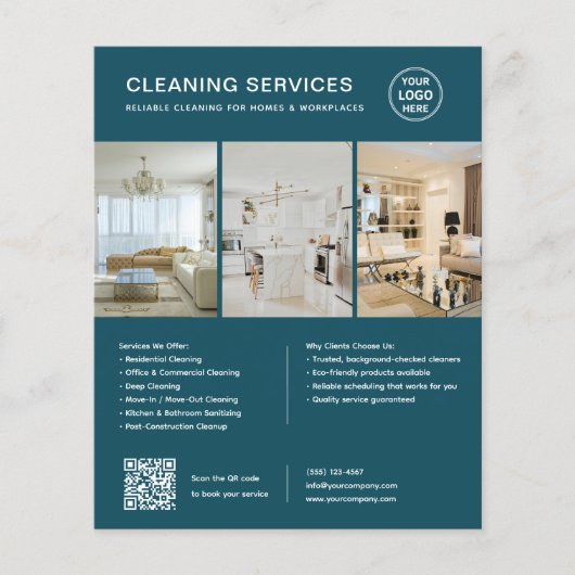 Moderne Teal Schoonmaakdiensten QR Zakelijk Flyer (Voorkant)