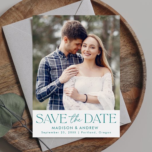 Moderne Teal Typografie Foto Save The Date