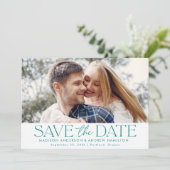 Moderne Teal Typografie Horizontale Foto Save The Date (Staand voorkant)