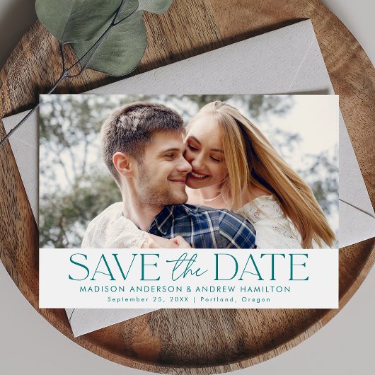 Moderne Teal Typografie Horizontale Foto Save The Date