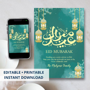Moderne Teal Waterverf Eid Mubarak Wenskaart Feestdagenkaart