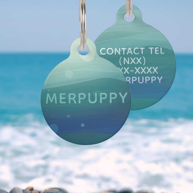 Moderne Teal Waterverf Golven Zee Groen Hondennaam Huisdierpenning (Add your pup's name and contact number to this teal blue green watercolor waves pet id tag)