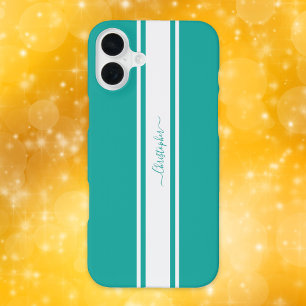 Moderne Teal Witte Racing Strepen Monogram Chique iPhone 16 Plus Hoesje
