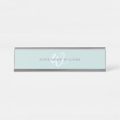 Moderne Teal Witte Script Monogram Bureau Naambordje (Voorkant)