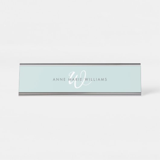 Moderne Teal Witte Script Monogram Bureau Naambordje (Voorkant)