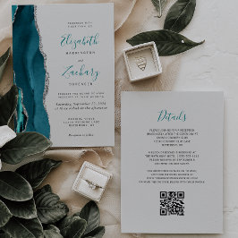 Moderne Teal Zilver Agaatgrijs QR Code Bruiloft Kaart