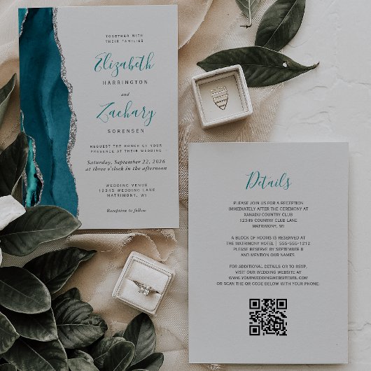 Moderne Teal Zilver Agaatgrijs QR Code Bruiloft Kaart