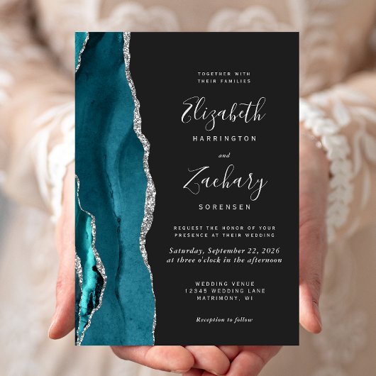 Moderne Teal Zilveren Agate Donkere Bruiloft Kaart
