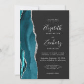 Moderne Teal Zilveren Agate Donkere Bruiloft Kaart (Voorkant)