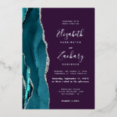 Moderne Teal Zilveren Agate Paarse Bruiloft Folie Uitnodiging (Voorkant)