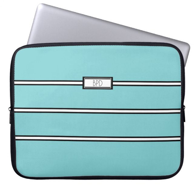 Moderne Teal Zwart Witte Monogram Beginletters Laptop Sleeve (Voorkant)