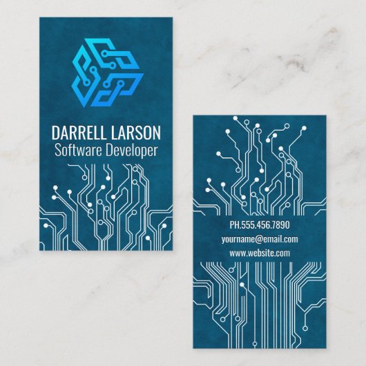 Moderne technische Logo | Circuit Board Blauwe tex Visitekaartje (Voorkant / Achterkant)