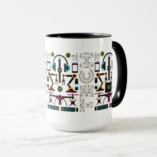 Moderne technologieobjecten en materiaalpatroon mok (Voorkant rechts)