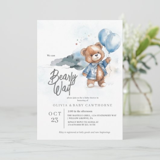 Moderne Teddy Bear Baby Boy Douche Uitnodiging (Staand voorkant)