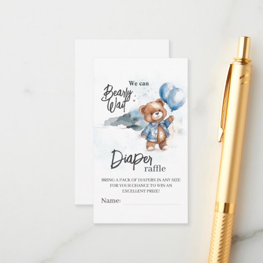 Moderne Teddybeer Baby Shower Luier Raffle Informatiekaartje (Voorkant / Achterkant in situ)