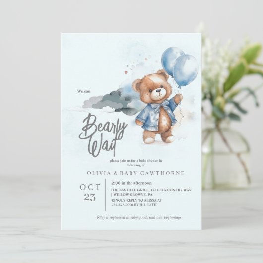 Moderne Teddybeer Babyshower Uitnodiging voor Jong (Staand voorkant)