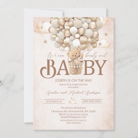 Moderne teddybeer waterverf baby showerInvitation Kaart (Voorkant)