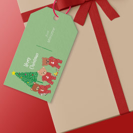 Moderne teddyberen in kerstpyjama met boom cadeaulabel