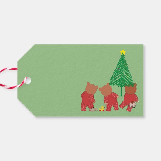 Moderne teddyberen in kerstpyjama met boom cadeaulabel (Achterkant Horizontaal)