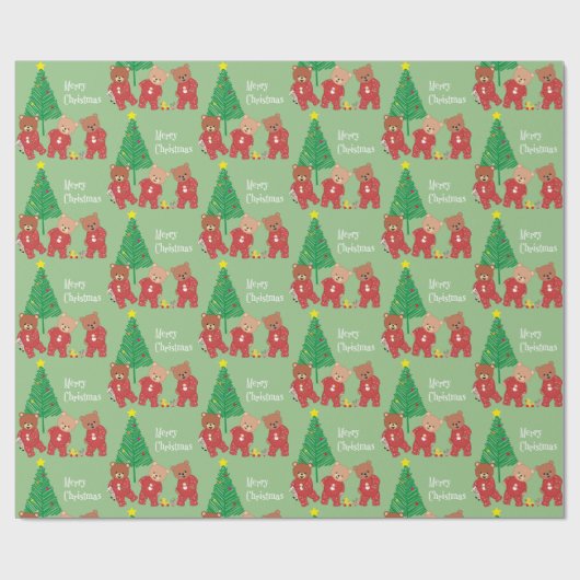 Moderne teddyberen in kerstpyjama met boom cadeaupapier (Vlak)