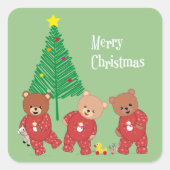Moderne teddyberen in kerstpyjama met boom vierkante sticker (Voorkant)