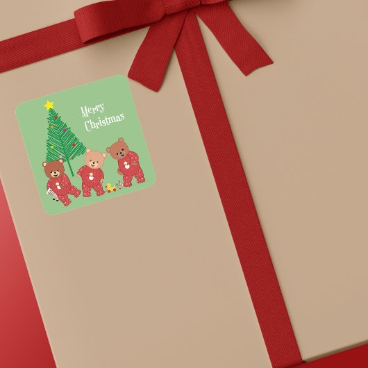 Moderne teddyberen in kerstpyjama met boom vierkante sticker