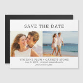 Moderne Tekst 2 Foto Weddenschap Save the Date Magnetische Uitnodiging (Voorkant / Achterkant)