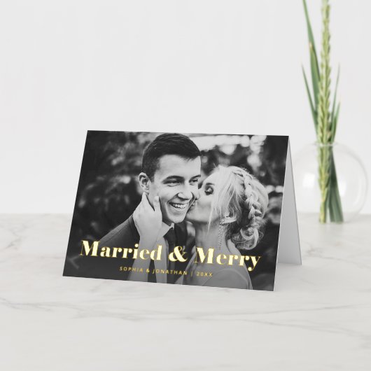 Moderne tekst en foto | Gehuwd en zeegoud Folie Feestdagenkaart (Voorkant)