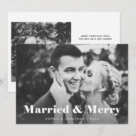 Moderne tekst met twee foto's | Getrouwd en vrolij Feestdagenkaart (Voorkant / Achterkant)