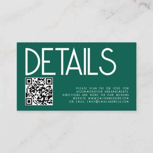 Moderne tekst QR Code Emerald bruiloft details Informatiekaartje (Voorkant)