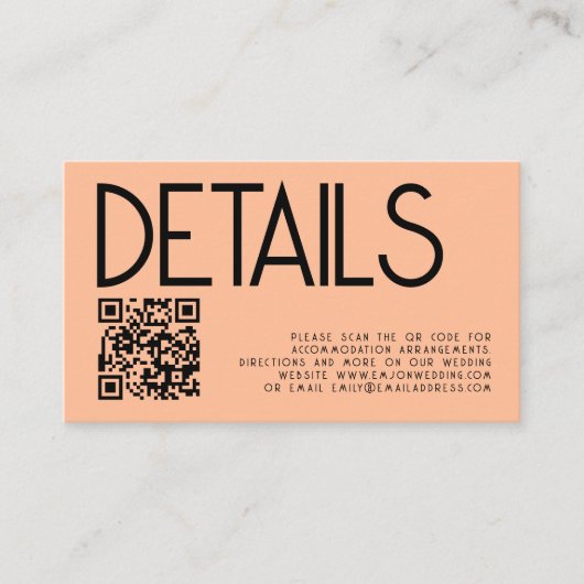 Moderne tekst QR Code Peach bruiloft details Informatiekaartje (Voorkant)