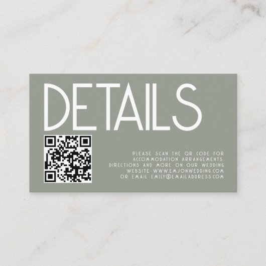 Moderne Tekst QR Code Sage Groene Bruiloft Details Informatiekaartje (Voorkant)