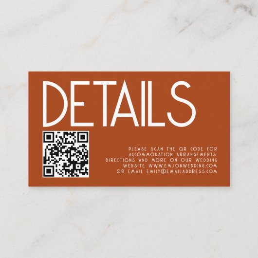 Moderne tekst QR-code Terracotta bruiloft details Informatiekaartje (Voorkant)